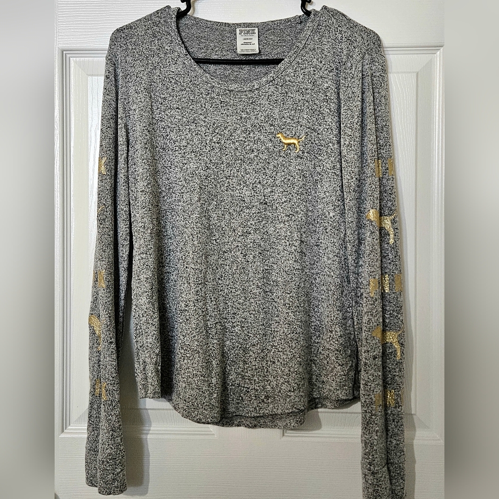 PINK Long Sleeve Grey & Gold Sleep Top, L